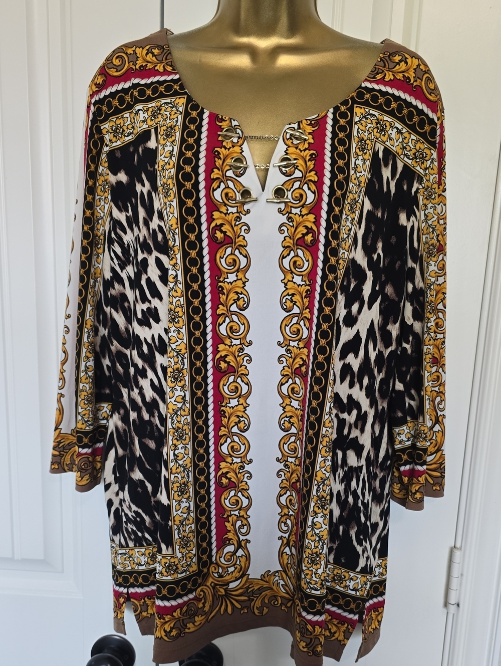 JM Collection Baroque Leopard-Print Tunic Top - White, Black & Gold